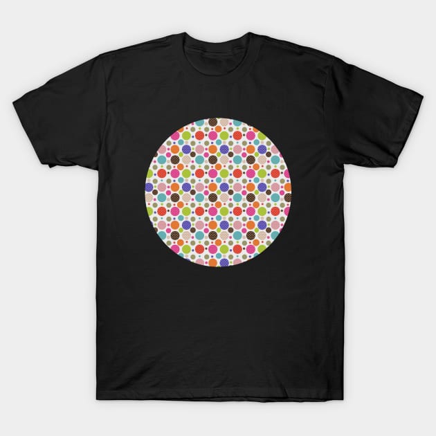 Polkadot Party. Lots of colored polkadots in a bright and fun design. Each little polkadot also contains a retro style pattern. T-Shirt by innerspectrum